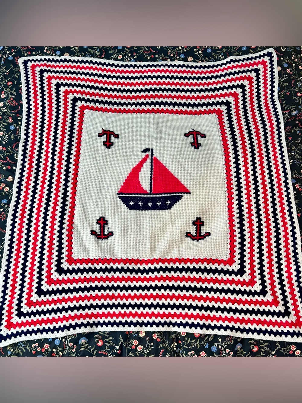 Handmade Nautical Sailboat Red, White & Navy Crochet Blanket